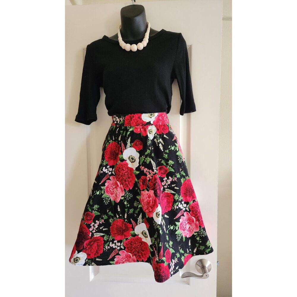 Retrolicious Colorful Peonies Cotton Skirt POCKETS Retro Rockabilly Pinup Size M